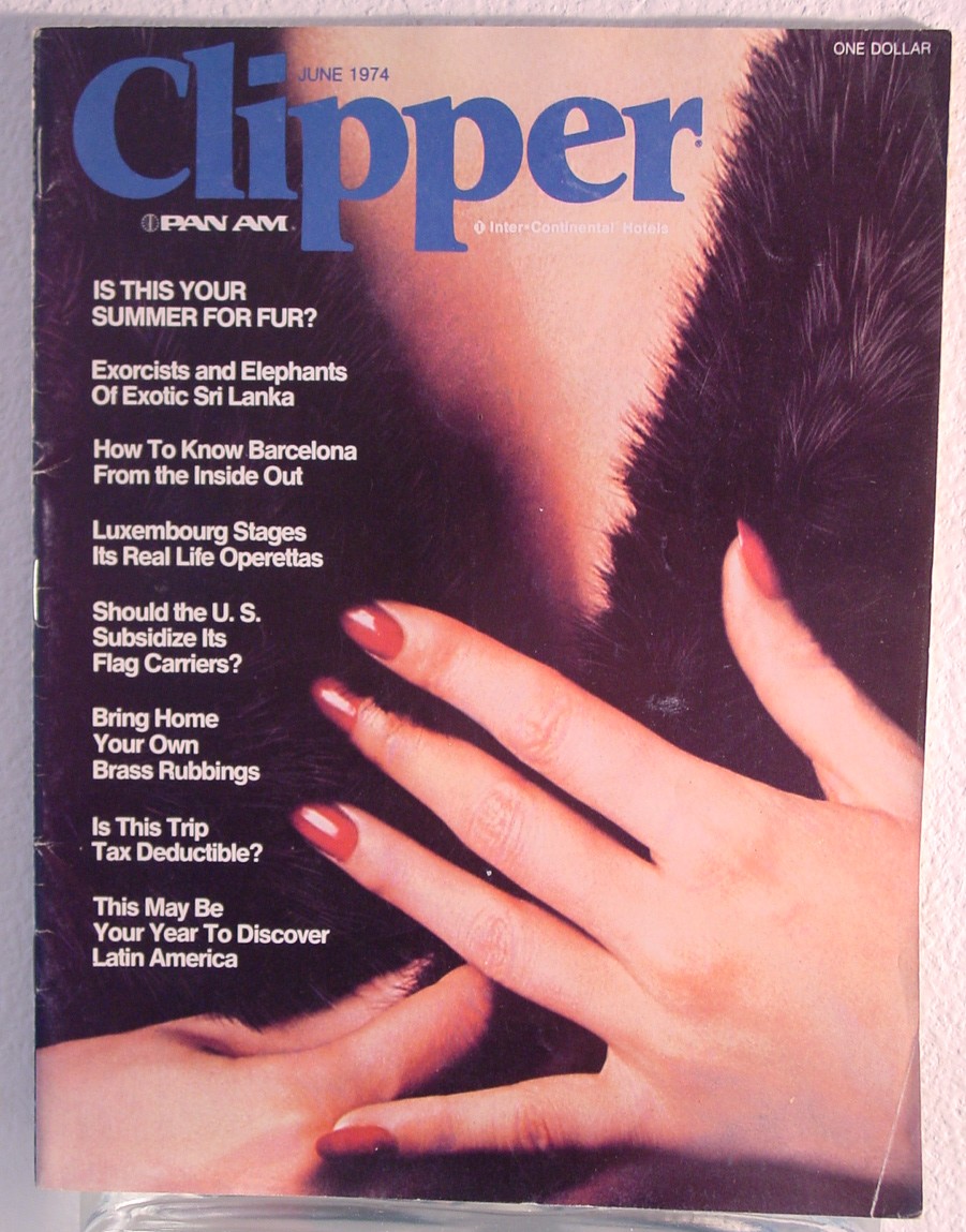 1974 June Clipper in-flight Magazine with a cover story on animal fur.